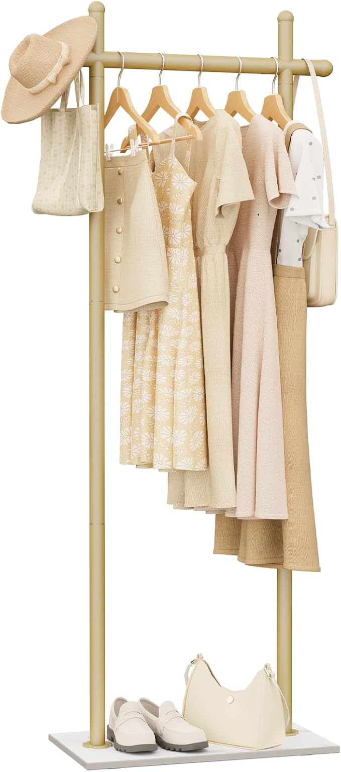 Coat Rack Freestanding with Natural Rock Base, Metal Coat Hanger Stand, Industrial Garment Rack, Clothes Tree for Bedroom Living Room Office To Hang Outerwear, Hats, 68.9in, Gold