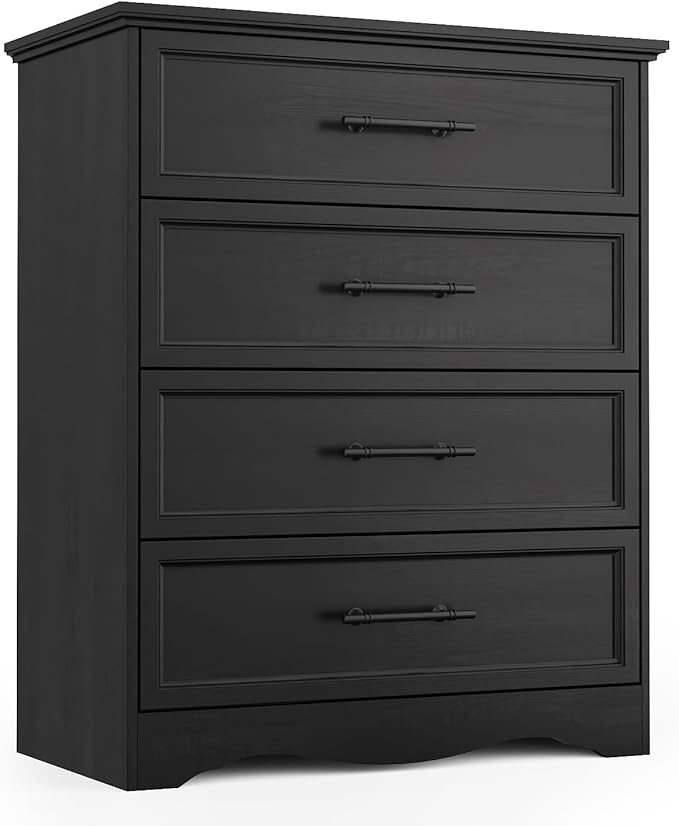 Black Dresser for Bedroom, 36" Tall 4 Drawer Dresser Chest with Sleek Brushed Metal Handles, Wood Storage Cabinet with Unique Base Design, Closet Organizer for Bedroom, Living Room, Hallway