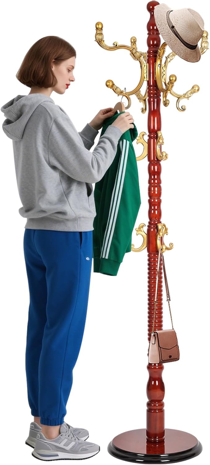 Coat Racks Freestanding, Natural Wood Coat Stands with 14 Hooks, 73" Heavy Duty Adjustable Height Vintage Hall Tree for Entryway, Bedroom, Office, Easy Assembly (Begonia)