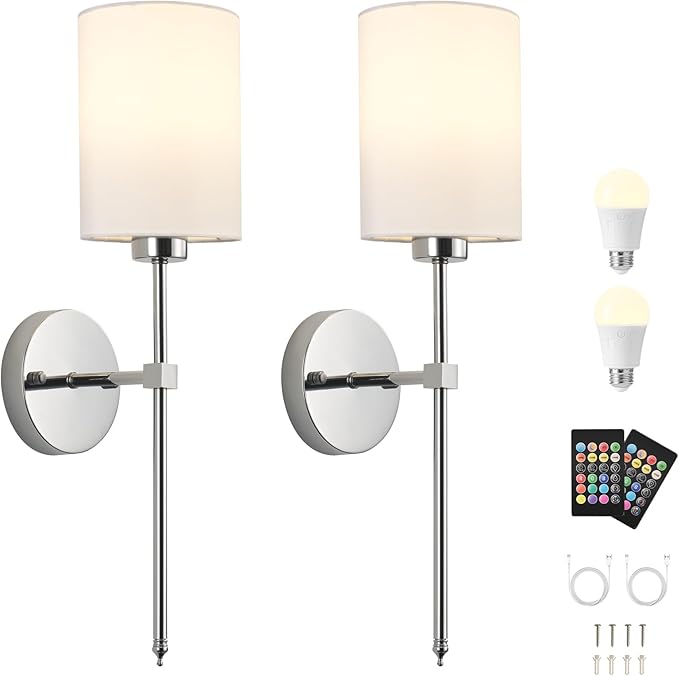 Battery Operated Wall Sconces Set of Two,Wireless Rechargeable Wall Light With Remote Control, Dimmable, Amber Light/Warm White/Natural White/Daylight/RGB,Timer,for Living Room,Bedroom,Entryway,Chrome