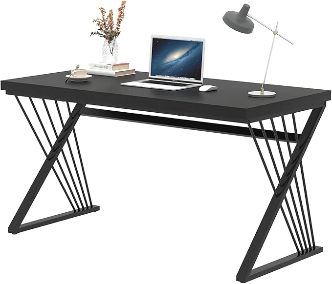 FOLUBAN Black Desk, Modern Wood and Metal Computer Desk for Home Office, Simple Writing Work PC Desks for Bedroom, Industrial Study Gaming Table for Living Room, Black, 53 Inch