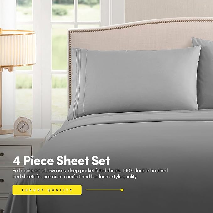 1500 Supreme Collection Full Sheet Sets Light Gray Silver - Luxury Hotel Bed Sheets and Pillowcase Set for Full Mattress - Extra Soft, Elastic Corner Straps, Deep Pocket Sheets, Full Silver