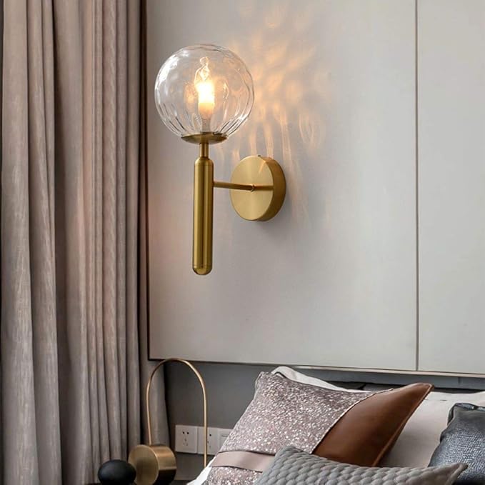 KCO Lighting Modern Wall Sconce Golden Mid Century Industrial Matte Globe Glass Wall Light for Bedroom Vanity Light (Clear)