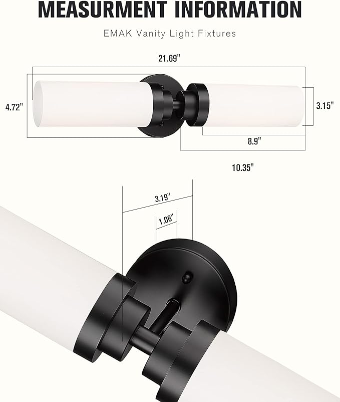 Emak 2 Light Black Vanity Lights for Bathroom, 22 Inch Bathroom Light Fixtures Modern Wall Sconces with Milk Glass Shade for Bathroom, Bedroom, Hallway, VL085-BK-ML-2