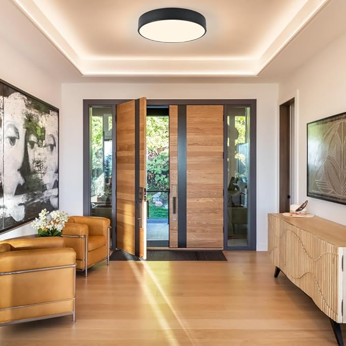 Modern Black Flush Mount Ceiling Light, 3-Lights Round Ceiling Light, Minimalistic Ceiling Lamp Acrylic Shade Lighting Fixture for Bedroom Laundry Room Bathroom Hallway(15.8 Inch)