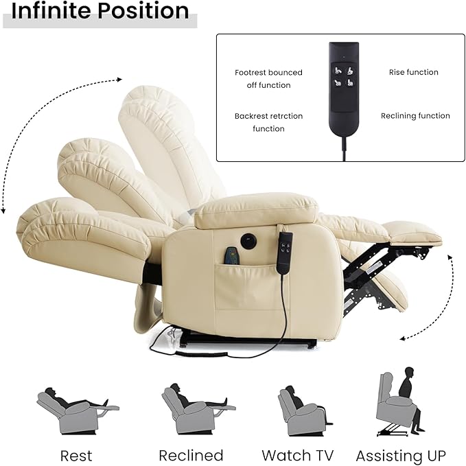 TEKAMON Power Lift Recliner Chair for Elderly with Heat & Massage, Dual Motor Breathable Leather Recliner, Lay Flat Sleeping Chairs with Infinite Position, RemoteControl & USB Ports(Beige)