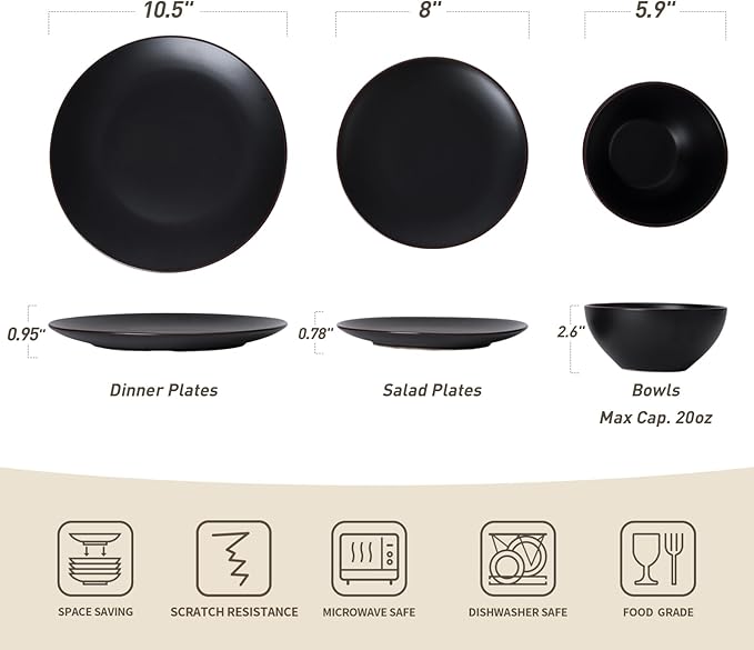 Famiware Venus Ceramic Plates and Bowls Sets, Dinnerware Dish Sets for 8 (24 Pieces) - Microwave and Dishwasher Safe, Matte Black