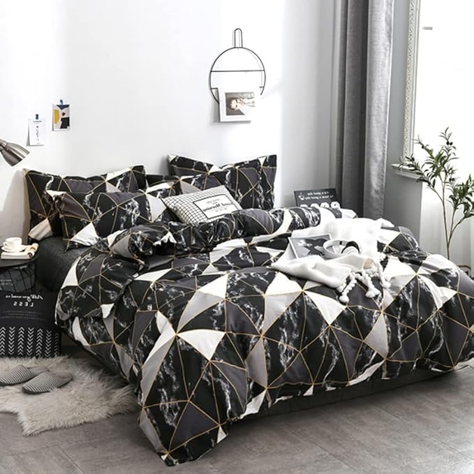 CLOTHKNOW Black Marble California King Comforter Set 3Pcs Triangle Bedding Comforter Sets Geometric Comforter Soft Comforters with 2 x Pillow Cases