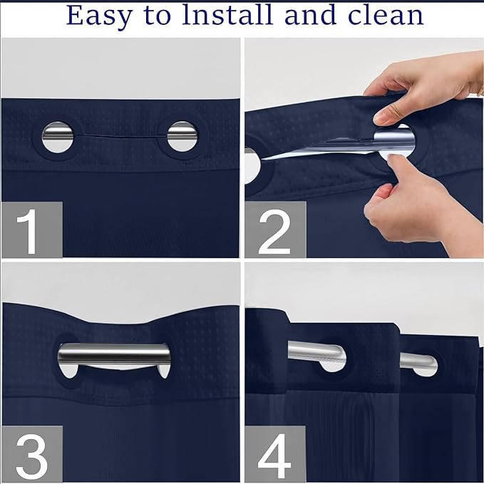 No Hooks Required Waffle Weave Shower Curtain with Snap in Liner-Hotel Grade Waterproof & Mesh Top Window Spa Like Bath Curtain Machine Washable Heavy Duty 71''W x 86''H Navy Blue