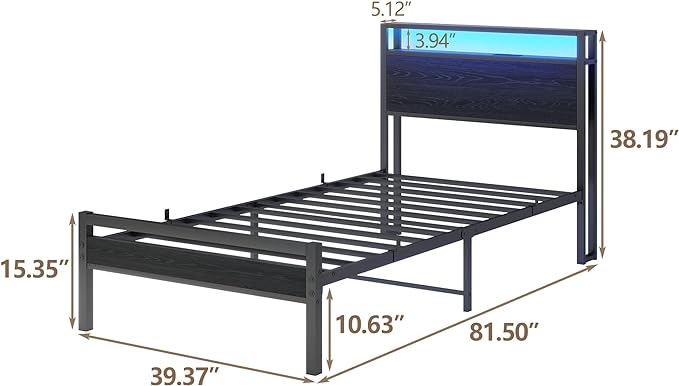Twin Bed Frame with Storage Headboard/LED Lights,Metal Bed Frame Twin Size with Charging Station,Twin Platform Bed Frame No Box Spring Needed,Beds Base,Heavy Duty Metal Slats Support,Black