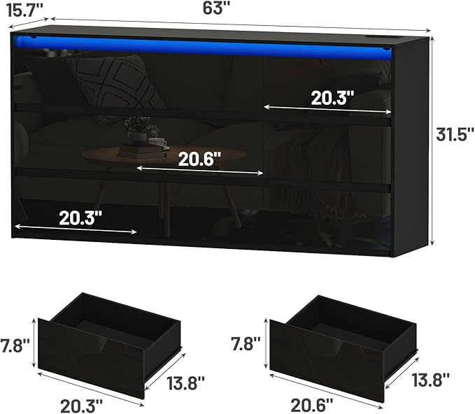 Black TV Stand, Storage Cabinet with 9 Drawers for Bedroom Modern Large High Gloss Cabinet for Living Room Office (63" W)