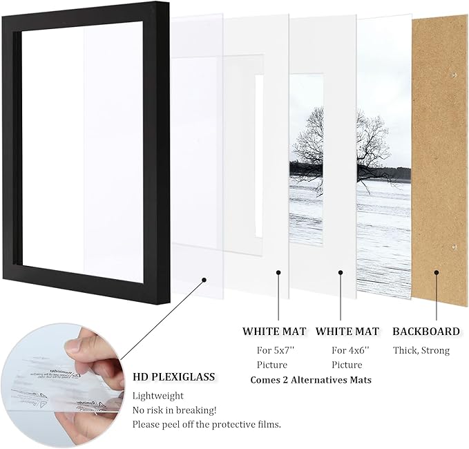 Egofine 8x10 Picture Frame Made of Solid Wood Covered by Plexiglass, for Pictures 4x6 or 5x7 with Mat or 8x10 Without Mat, Table Top Display and Wall Display Photo Frame, Black