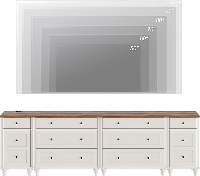 WAMPAT 100 inch TV Stand with 9 Drawers, TV Cabinet Entertainment Center for 75/80/85/90 Inch TV, Kids Dresser with 3 Drawers for Bedroom, Nightstands with Charging Station for Living Room, White