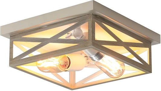 White Farmhouse Ceiling Light Fixtures, Industrial Kitchen Ceiling Fixture for Bedroom, 2-Light Rustic Metal Finish Farmhouse Flush Mount Ceiling Light,Square Cage Hallway Light