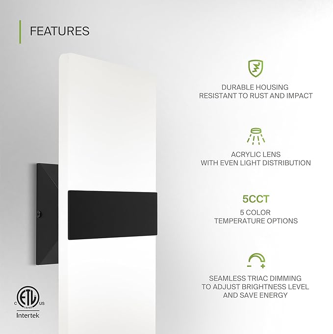 ASD 14 Inch LED Indoor Wall Sconce - Modern Interior 24W 120V 2700K-5000K Adjustable Dimmable Wall Mounted Light Fixtures, Acrylic Glass Wall Lights for Stairway, Hallway - ETL, Matte Black 2 Pack