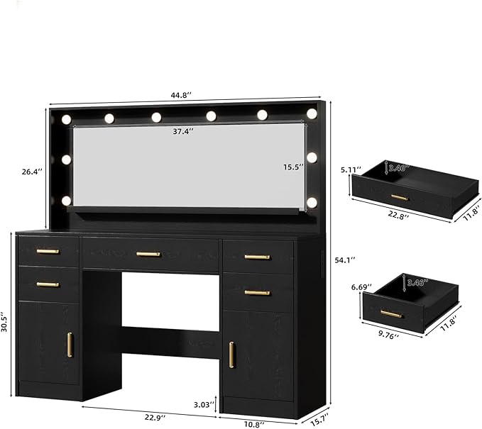 44.8" Large Vanity Desk with Lighted Mirror & Power Outlet, Black Makeup Vanity Desk with Mirror and Lights, Black Vanity Table with 5 Drawers and 2 Cabinets, Dressing Table for Bedroom