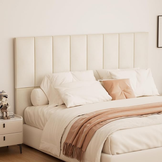 Upholstered Wall Mounted Headboard, 3D Soundproof Wall Panels Peel and Stick Headboard for Queen Size, Tufted, Beige (9 Panels, 10" x 24")