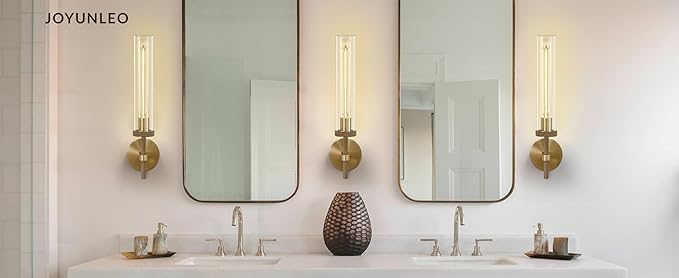 Brass Sconces Wall Lighting, 19" Tube Glass Gold Sconces, Bathroom Wall Sconces Lighting Vanity Lights Wall Lights for Living Room, Hallway, Fireplace, Staircase