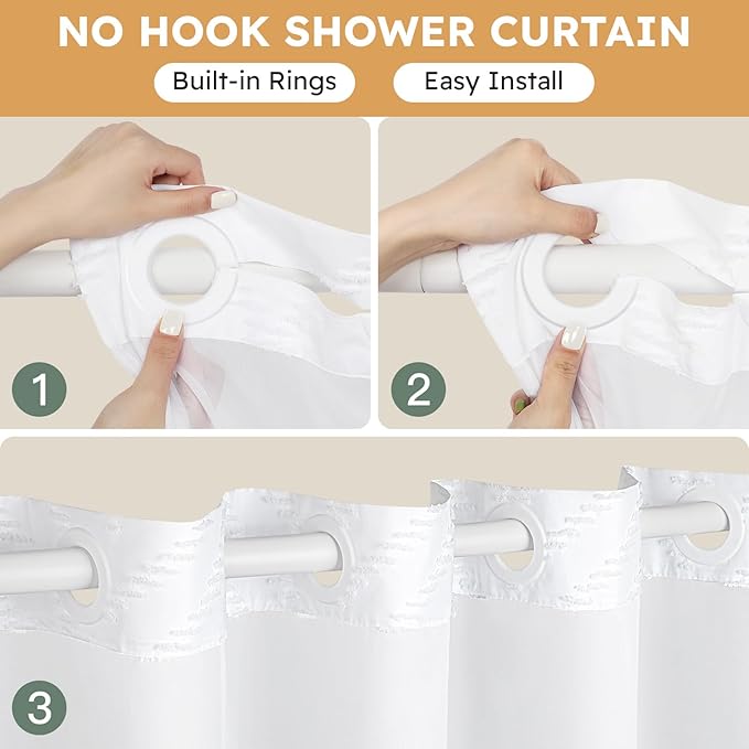 No Hook Shower Curtain and Snap in Liner Set White Tufted Chevron Striped Cloth Waterproof Washable Fabric Boho Bath Curtain with See Through Mesh Top Window for Bathroom Hotel 71" x 74"