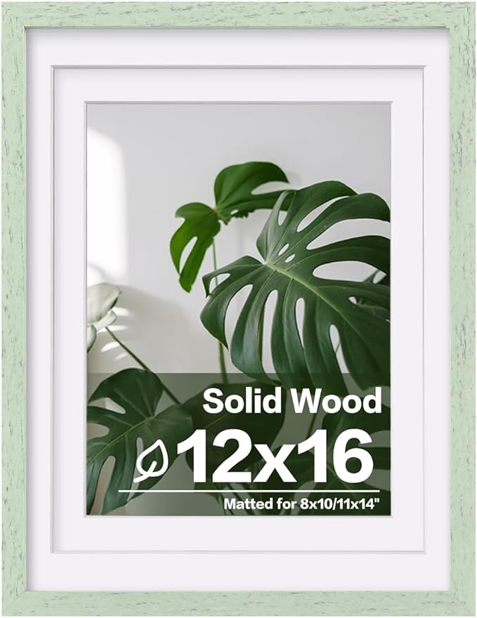 Egofine 12x16 Picture Frame Made of Solid Wood, Display Covered by Plexiglass, Display Pictures 9x12/11x14 with Mat or 12x16 Without Mat for Wall Mounting, Rustic Green