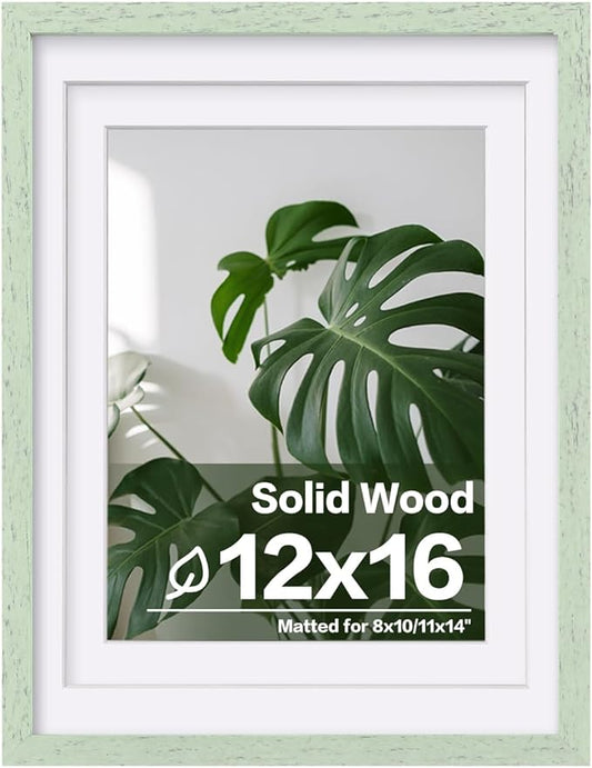 Egofine 12x16 Picture Frame Made of Solid Wood, Display Covered by Plexiglass, Display Pictures 9x12/11x14 with Mat or 12x16 Without Mat for Wall Mounting, Rustic Green