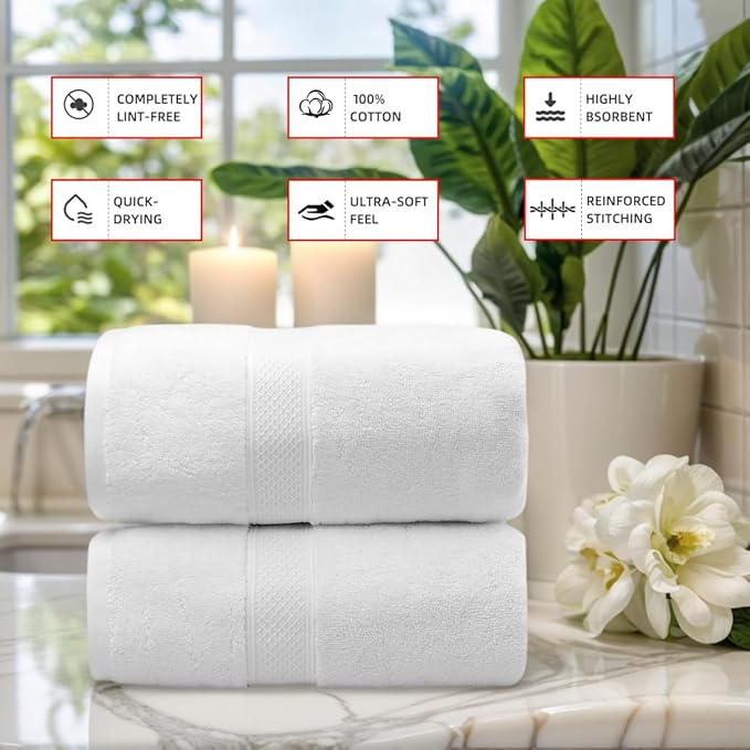 Super Absorbent Quick Drying | Hotel Grade Extra Large Bath Towels, 2-Piece Set, Bathroom Luxury Soft Towels-650GSM Cotton Luxury Beach Bath Towel 80x160cm (31.5x63 inches) (White)