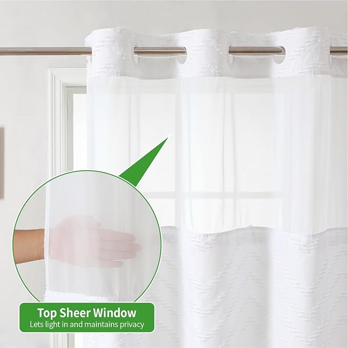 No Hook Boho Farmhouse Shower Curtain with Snap-in Fabric Liner set-36Wx74H(72H),White Tufted Chevron Striped Hotel Grade Cloth Shower Curtains for Bathroom with Window,Water Repellent