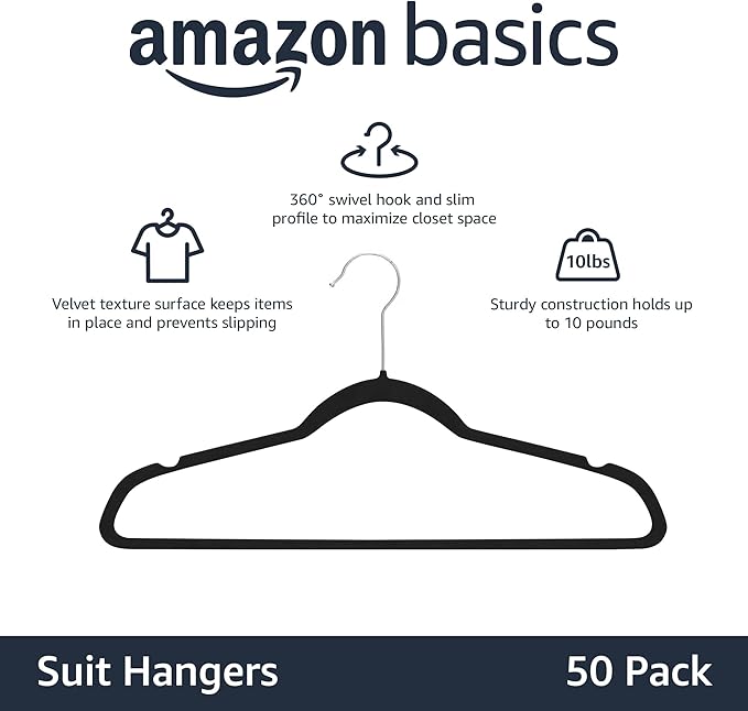 Amazon Basics Slim, Velvet, Non-Slip Suit Clothes Hangers, Pack of 50, Black