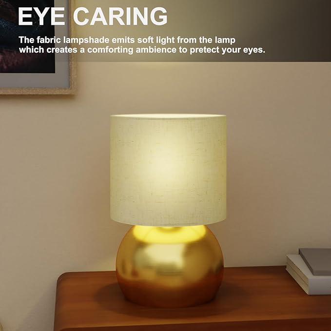 Set of 2 Small Gold Spherical Base Bedside Table Lamp with Textured Linen Shade (Bulb Included)