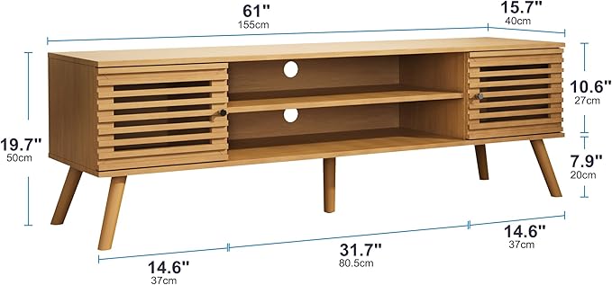 61" Mid Century Modern TV Stand for 50/55/60/70 inch TV, TV Media Console with Slatted Doors for TVs up to 70", Entertainment Center with Storage for Living Room, Bedroom, Oak