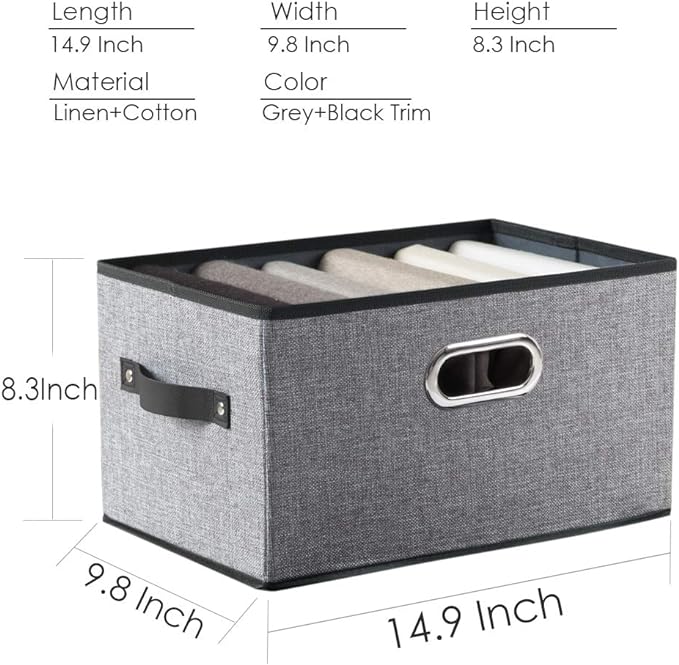 PRANDOM Large Collapsible Storage Baskets for Closet [5-pack] Decorative Fabric Storage Bins Cubes with Leather/Metal Handles for Shelves Bedroom Living Room Grey (14.9x9.8x8.3 Inch)