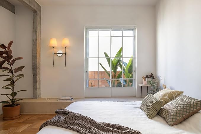 PERMO Classic Rustic Double Sconce 2 Lights Wall Sconce Lighting Fixture with Flared White Textile Lamp Shade (Chrome)