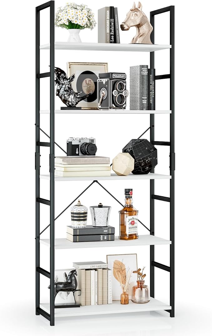 OTK 5 Tier Bookshelf, Tall Bookcase, Office Shelf Storage Organizer, Modern Book Shelf for Living Room, Bedroom, and Home Office, White