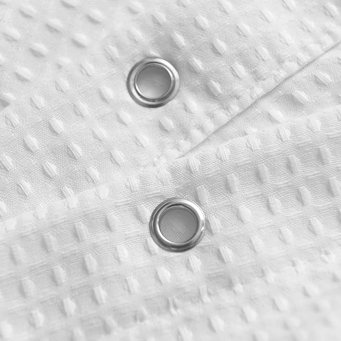 Longer Shower Curtain with 75 inch Height Fabric, Waffle Weave, Hotel Luxury Spa, Water Repellent, 230 GSM Heavy Duty, Machine Washable, White Pique Pattern Decorative Bathroom Curtain