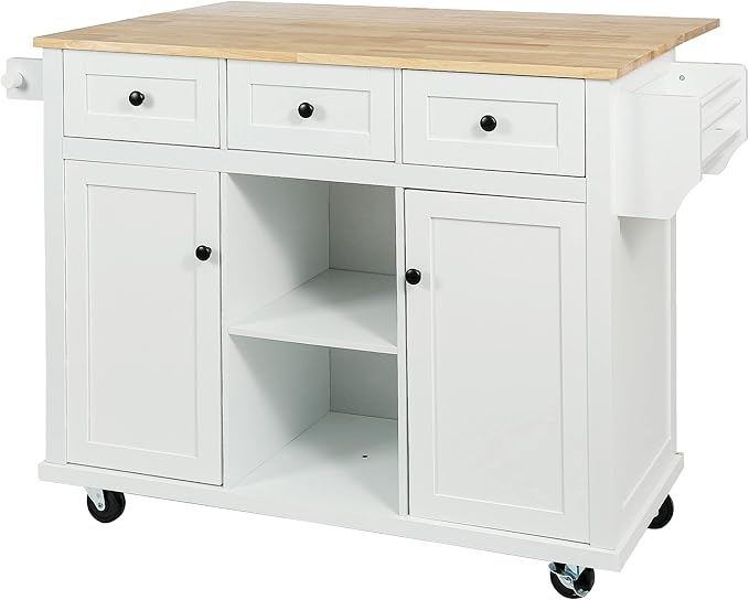 Rolling Mobile Kitchen Island Cart Breakfast Bar with Wood Top, Door Internal Storage Racks, 3 Drawers and 5 Wheels for Dining Room