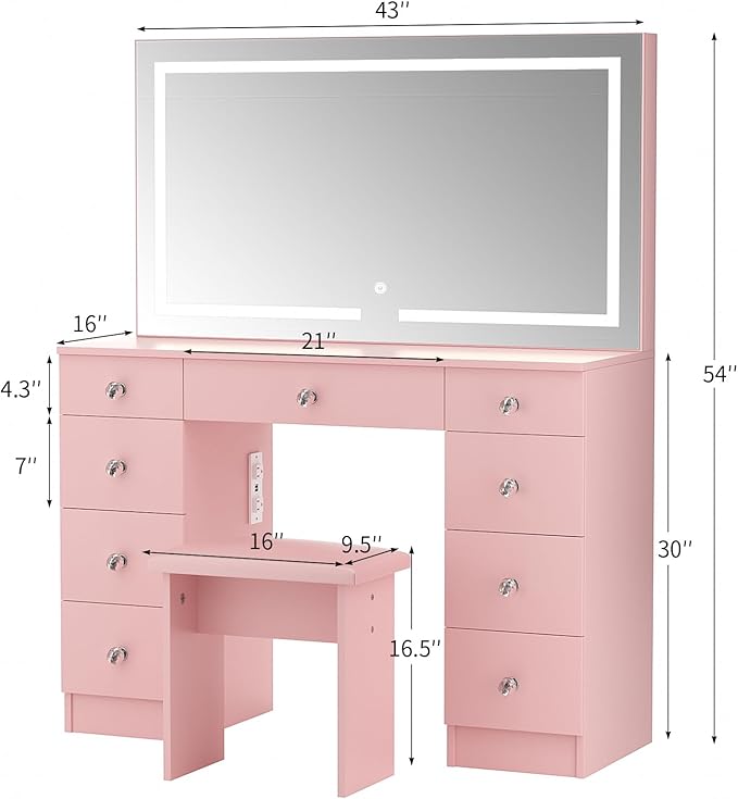 VOWNER Vanity with Lighted Mirror - Makeup Vanity Desk with Power Outlet and 9 Drawers, 3 Color Lighting Modes Adjustable Brightness, 43" Vanity Table with Soft Cushioned Stool for Bedroom, Pink