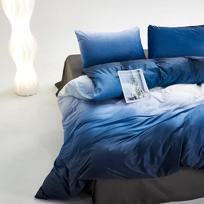 Luxlovery Velvet Comforter King Dark Blue Gradient Fluffy Plush Flannel Bedding Set Full Men Women Blue White Sherpa Micromink Ink Winter Warm Abstract Blanket Quilts Warm Comforter Set King Size