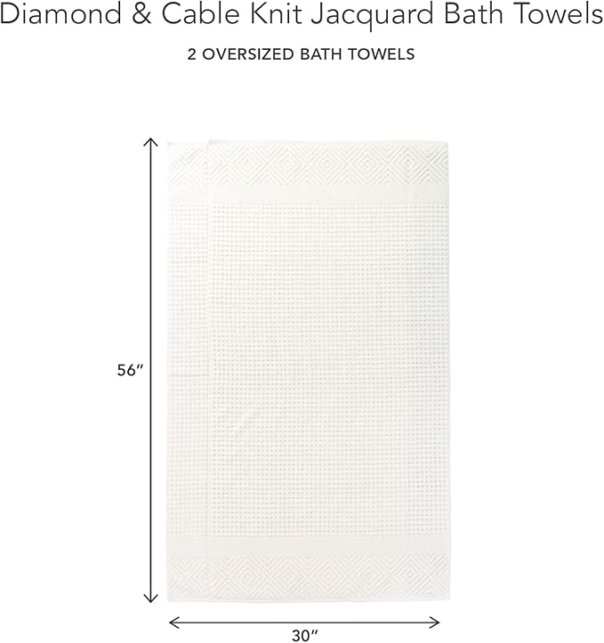 Texere 100% Organic Cotton Diamond Jacquard 700 GSM Luxury Bath Towel Sets - Ultra Soft and Absorbent Hotel and Spa Quality (Diamond, Cream, 2 Bath Towels)