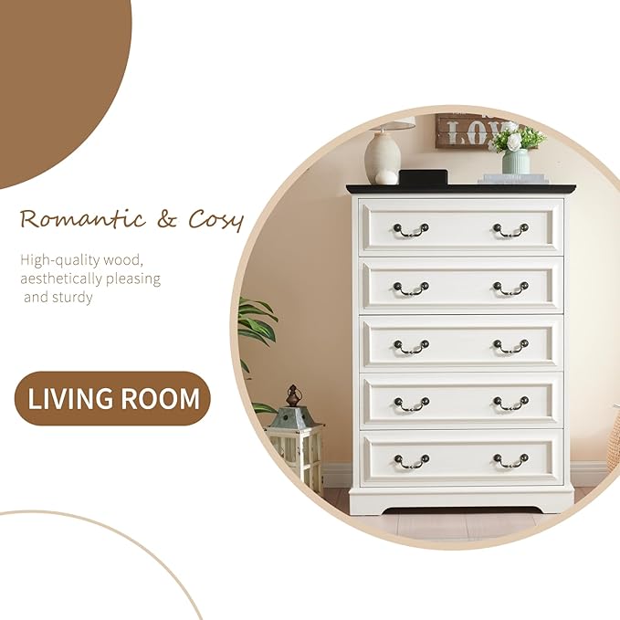 Farmhouse 5 Drawers Dresser for Bedroom, 46" Tall Modern Chest of Drawers with Metal Handle, Rustic Dresser TV Stand, Wood Drawer Organizer for Bedroom, Living Room, Hallway (White)