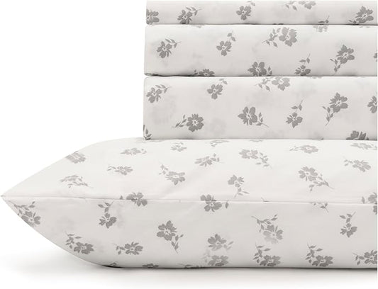 Linen Home 100% Cotton Printed Percale Sheets King Size, Deep Pocket, 4 Pieces Set - 1 Flat, 1 Deep Pocket Fitted Sheet and 2 Pillowcases, Crisp Cool and Strong Bed Linen, Grey Silhouette Floral