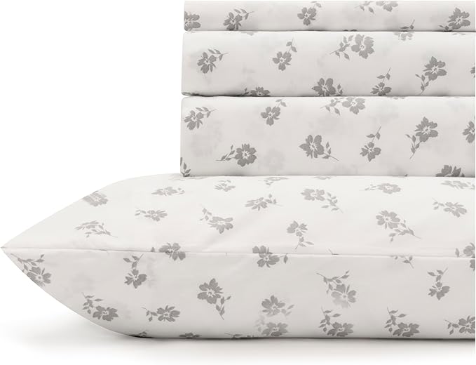 Linen Home 100% Cotton Printed Percale Sheets Queen Size, Deep Pocket, 4 Pieces Set - 1 Flat, 1 Deep Pocket Fitted Sheet and 2 Pillowcases, Crisp Cool and Strong Bed Linen, Grey Silhouette Floral