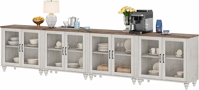 WAMPAT Farmhouse TV Stand for 100 Inch TV, Glass Door Universal TV Stand with 4 Storage Cabinets, Entertainment Center for 75/80/85/90 Inch TV, Console Table for Living Room, Bedroom, Rustic White
