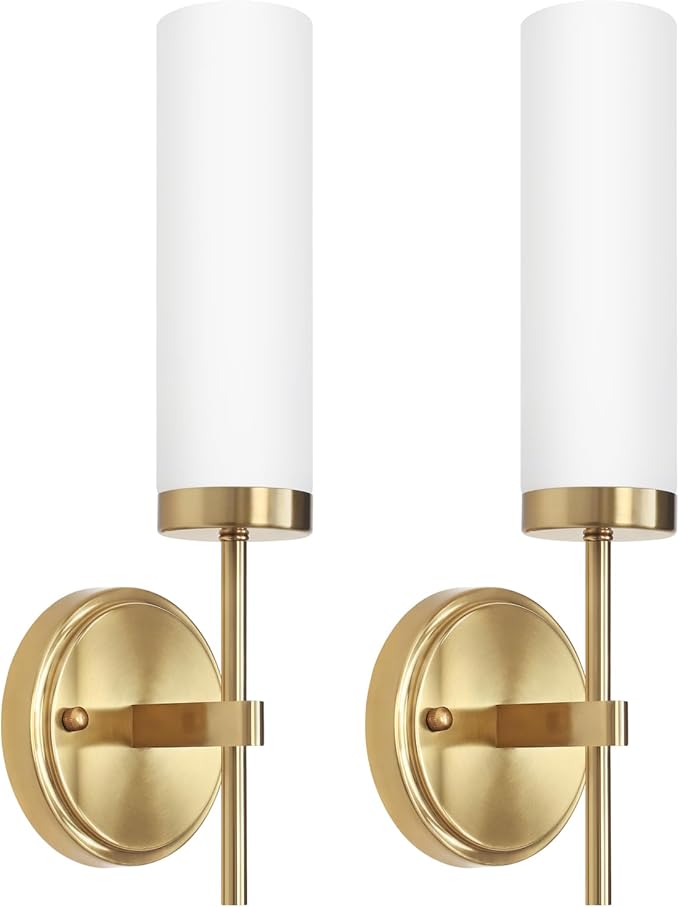 Gold Wall Sconces, Modern Bathroom Vanity Light Fixtures, Sconces Wall Decor Set of 2, Wall Lamps with Frosted Glass, Indoor Wall Lights for Bedroom Living Room Hallway