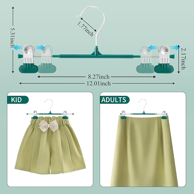 Clothes Pants Hangers with Wide Clips 10 Pack,Non-Slip Adjustable Skirt Hanger for Women,Space-Saving Heavy Duty Men Hangers for Pants,Trousers,Jeans,Shorts 12Inch Green