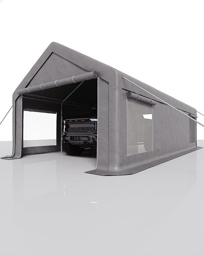 13x25 Ft Carport with 10 Sandbags, Car Port with 220g PE Tarp, 2 Roll-Up Doors, and 4 Windows, for Full-Size Pickups, Bass Boats, Tractors, and SUVs, Gray