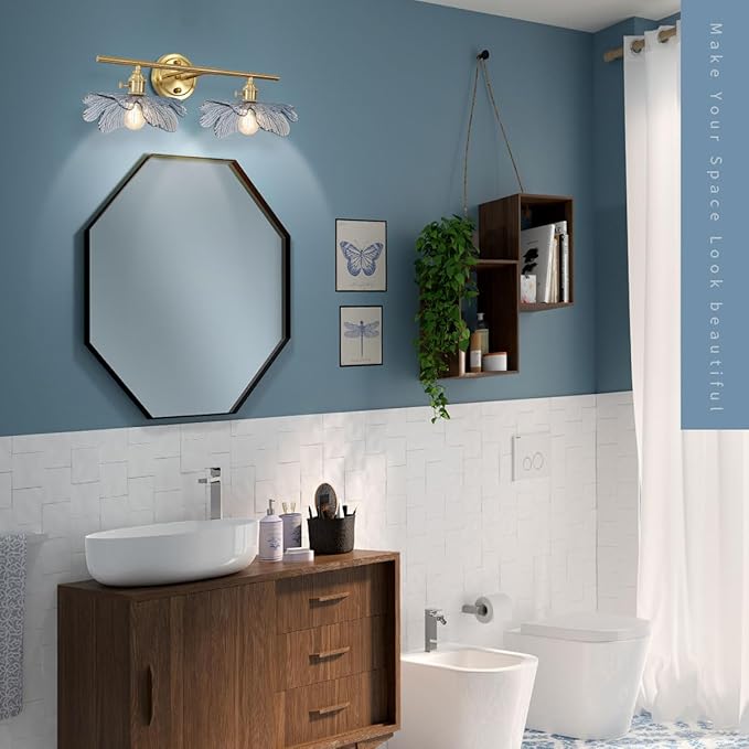2 light bathroom vanity light gold brass wall sconce with Blue Flower Glass Shade mid century wall light vintage wall sconce art deco Bathroom Lights Over Mirror for Bedroom Hallway Living Room