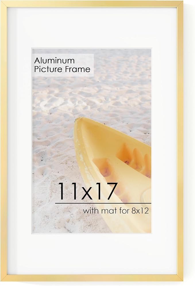 11x17 Metal Picture Frame for Wall With Mat for 8x12, 11''x17'' Aluminum Photo Frames With Tempered Glass for Home Decor, Minimalist Modern Poster Frame Horizontal And Vertical Formats, Gold