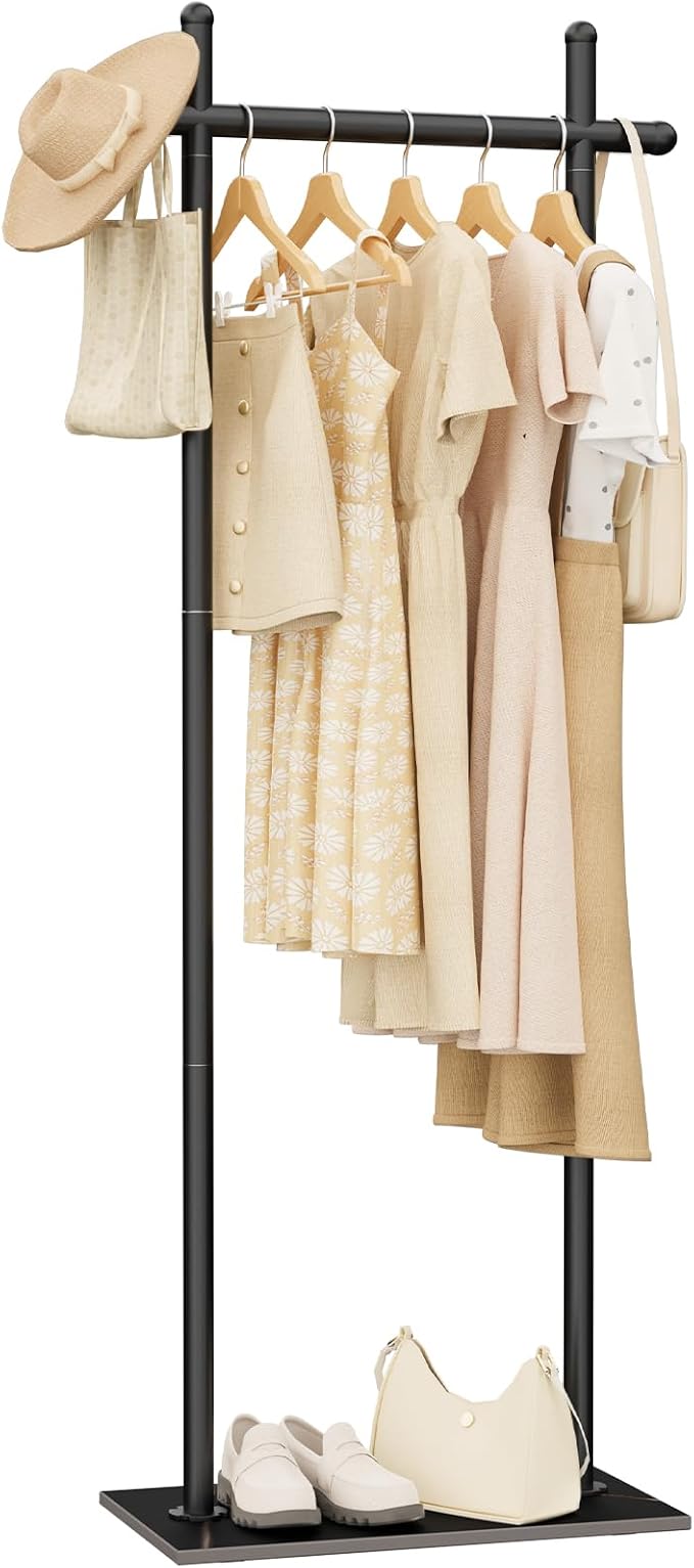 Coat Rack Freestanding with Natural Rock Base, Metal Coat Hanger Stand, Industrial Garment Rack, Clothes Tree for Bedroom Living Room Office To Hang Clothes, Hats, 68.9in, Black