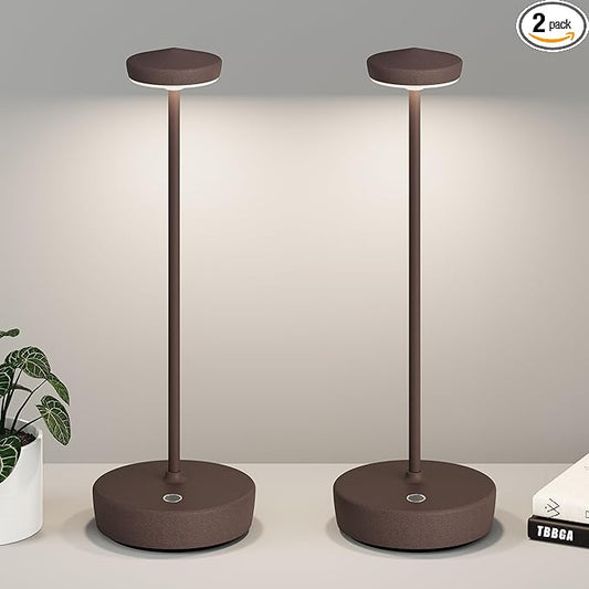 Cordless Table Lamp Rechargeable 2Pack - LED Battery Table Light with 3 Color Temperatures, Stepless Dimming, Waterproof Aluminum for Indoor Outdoor, Patio, Restaurant, Dinner (Rust)
