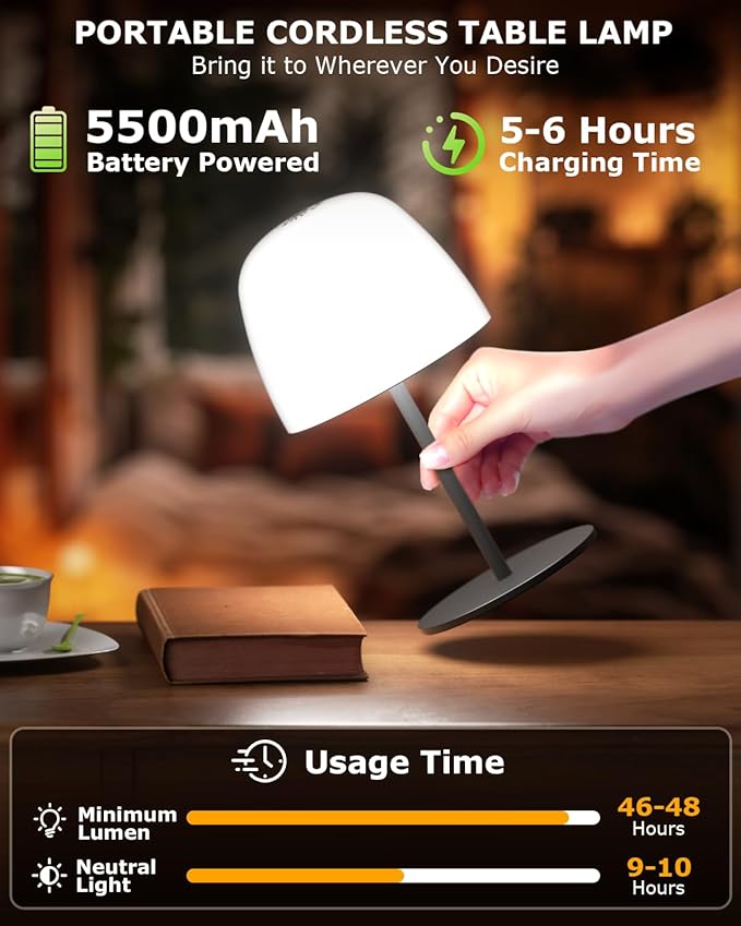 Portable Cordless Table Lamp, 3 Color Stepless Dimming 5500mAh Rechargeable Battery Operated LED Desk Lamp, for Bedroom/Couple Dinner/Desk/Cafe/Dining Room/Terrace